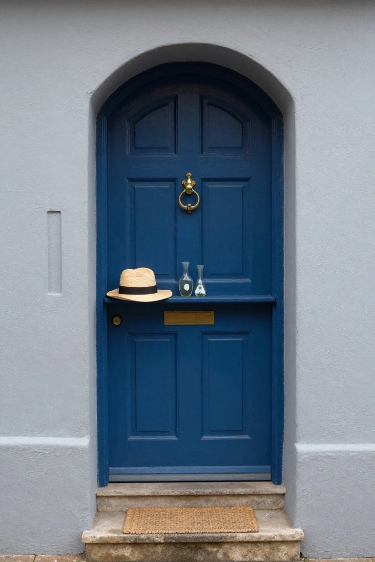 Navy blue wooden front door with gold knocker and arched top on a light gray stucco wall, small wooden shelf beside door holding beige straw hat and two glass vases, brass nameplate below shelf, coir doormat on stone steps.