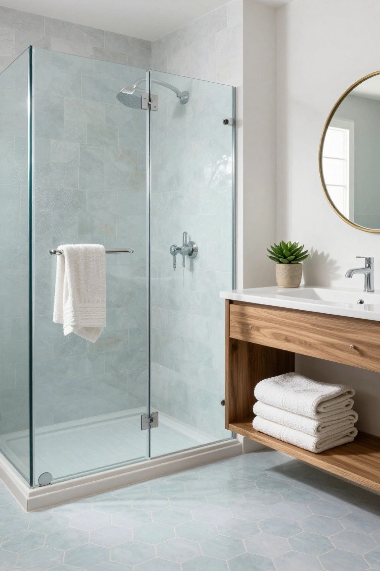 Corner frameless glass shower enclosure in a bathroom with light gray subway wall tiles, wood vanity with stacked white towels underneath, gold round mirror, potted succulent, and light blue hexagonal floor tiles.