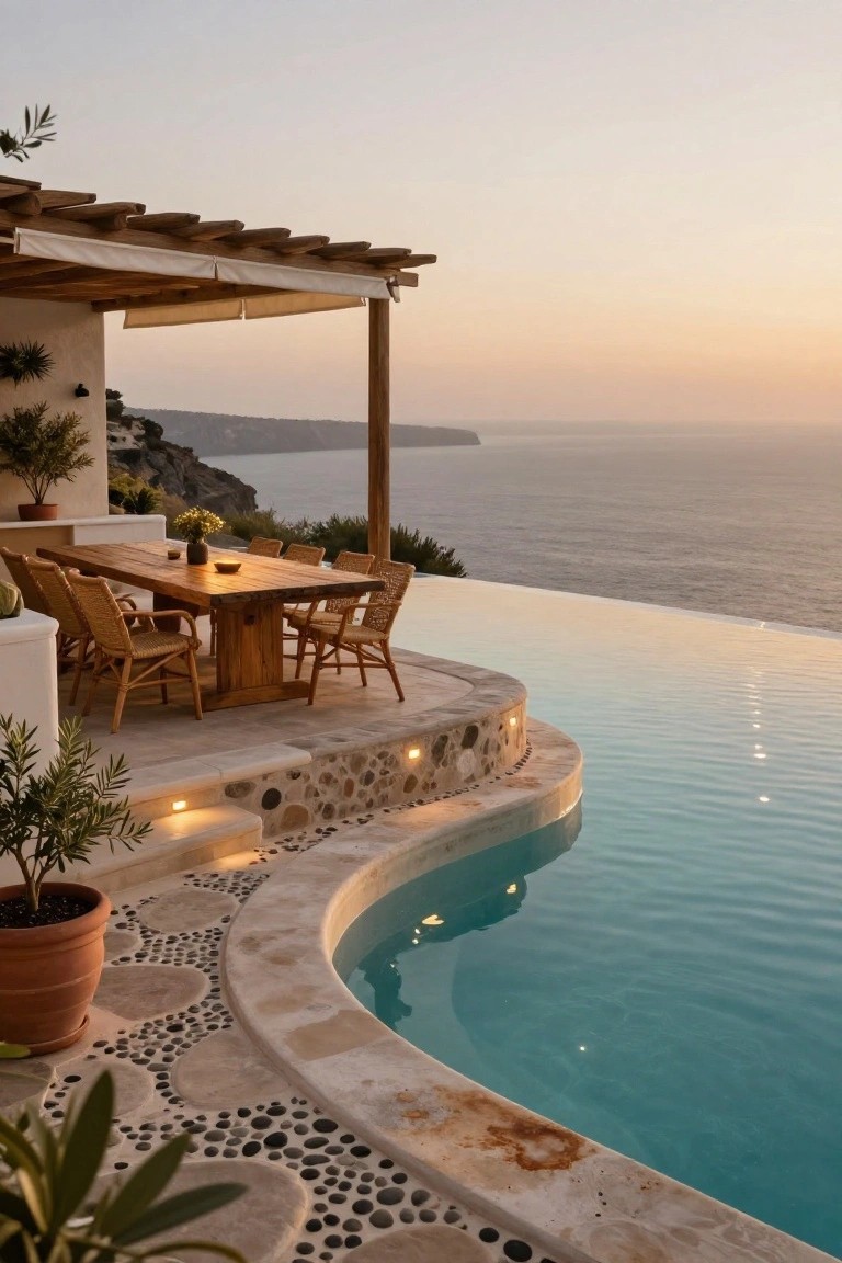 Wooden dining table and rattan chairs on a stone terrace beside a curved infinity-edge pool overlooking cliffs and the sea at sunset, under a pergola with white shades.
