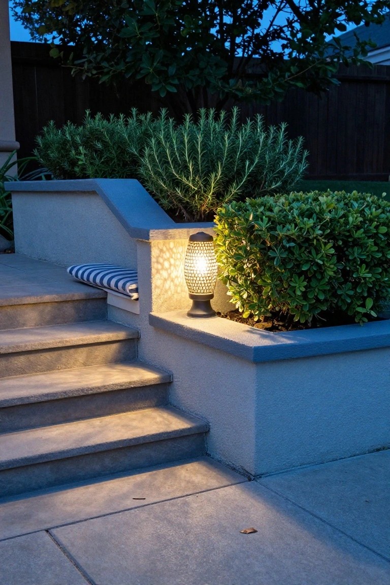 Outdoor concrete steps beside a beige stucco wall, lit at dusk by a glowing pierced-metal lantern on a black post next to potted rosemary and boxwood shrubs, with a blue-and-white striped cushion on a ledge.