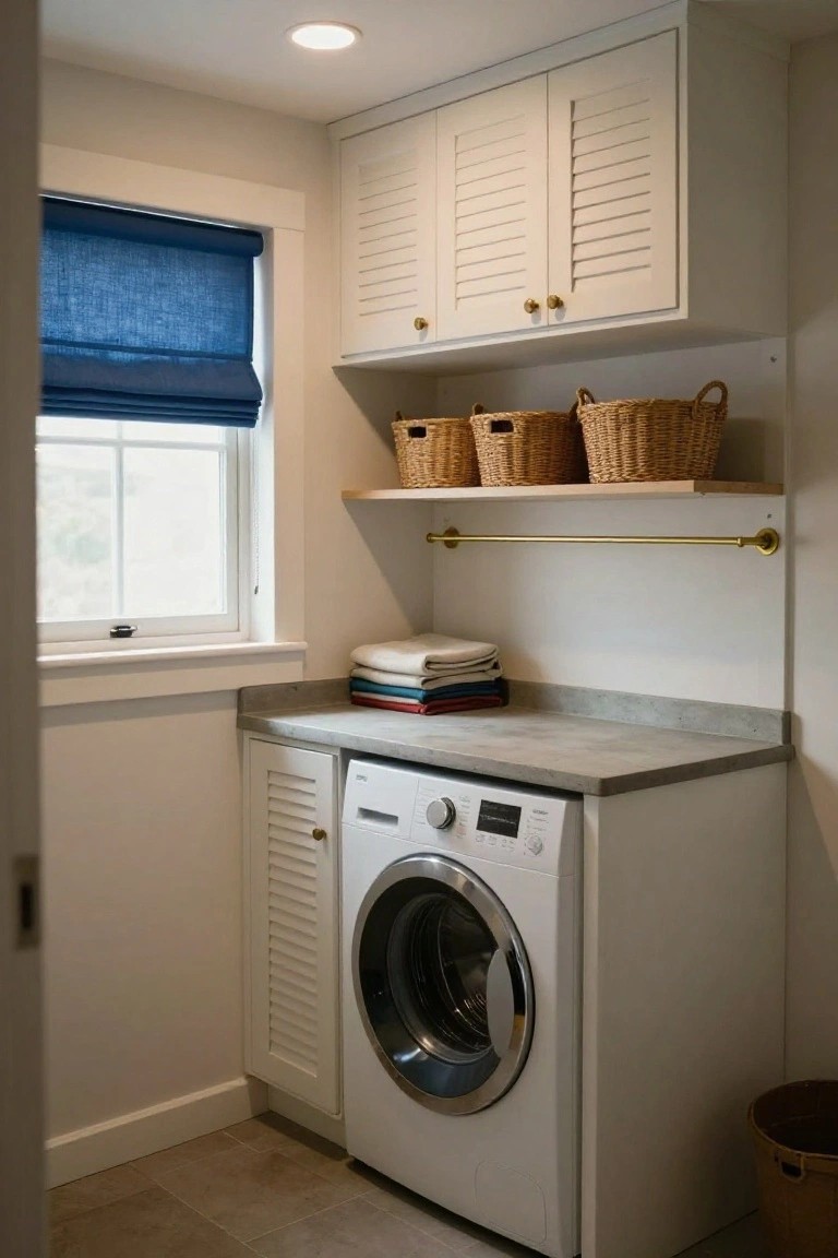 White laundry room with front-loading washer integrated into louvered base cabinets, open wood shelves holding three wicker baskets and supported by a brass hanging rod, stacked towels on gray countertop, blue roman shade on window, and wicker hamper on wood floor.