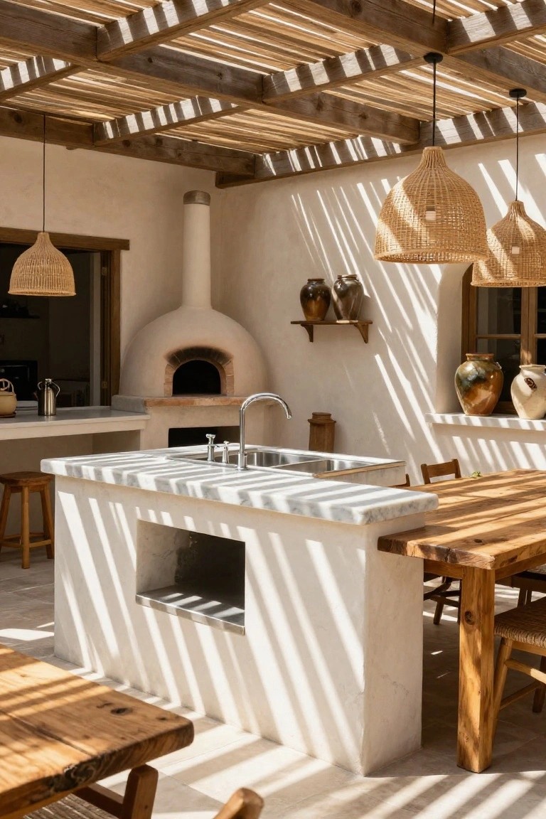 Outdoor patio kitchen with white stucco island counter, stainless sink, adjacent wood-fired oven, wooden dining table and chairs, reed pergola ceiling, hanging basket lights, terracotta pots on shelves, and sunlight casting shadows.