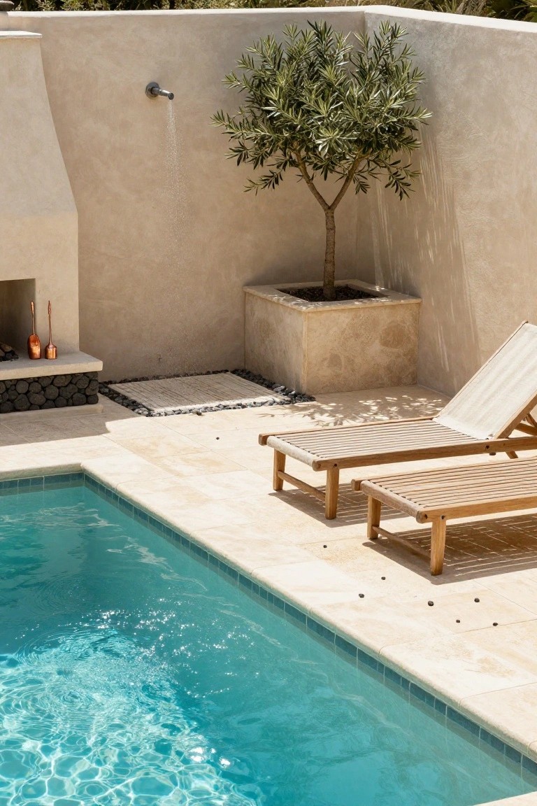 Outdoor pool with lounge chairs, olive tree, and outdoor shower on tiled patio.