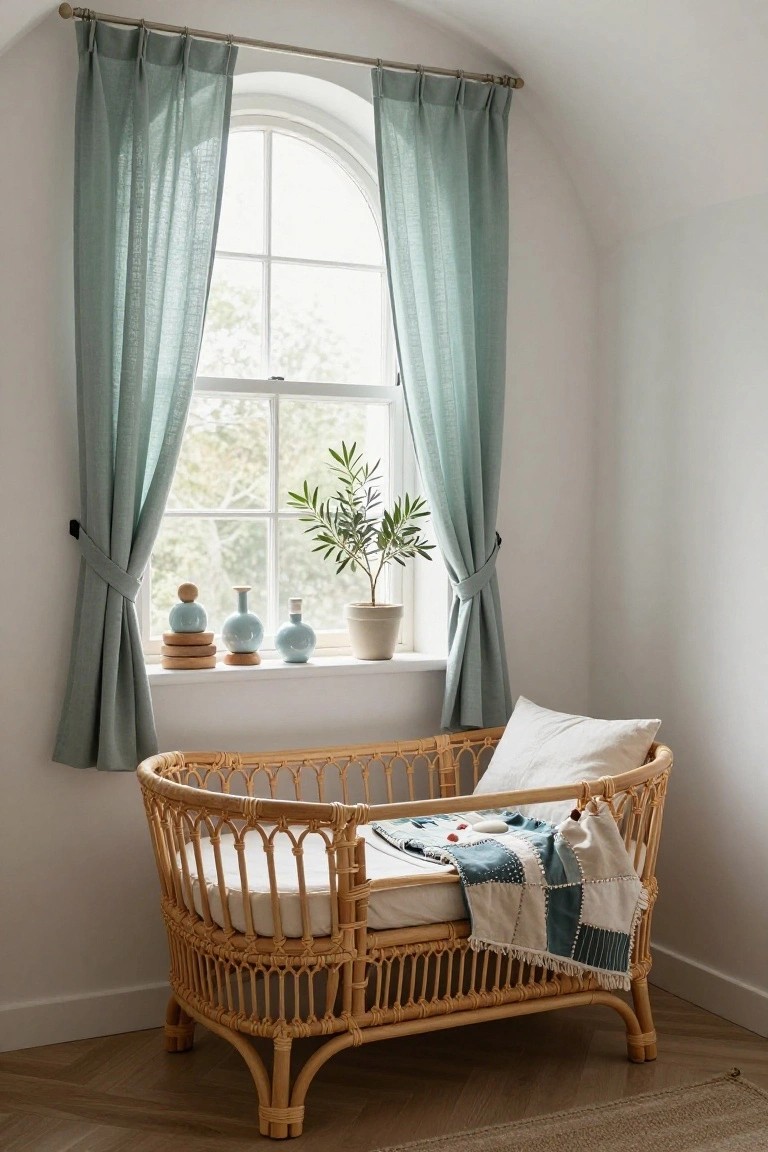 Curved rattan bassinet with white mattress and colorful quilt beside an arched window with teal linen curtains, potted olive plant, and blue ceramic vases on the sill in a white-walled room with light wood floor.