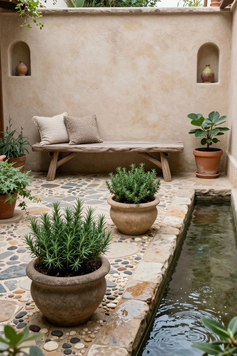 Rustic wooden bench with beige cushions against beige stucco wall in courtyard with multiple terracotta pots of rosemary, pebble stone flooring, and narrow shallow water channel along edge.