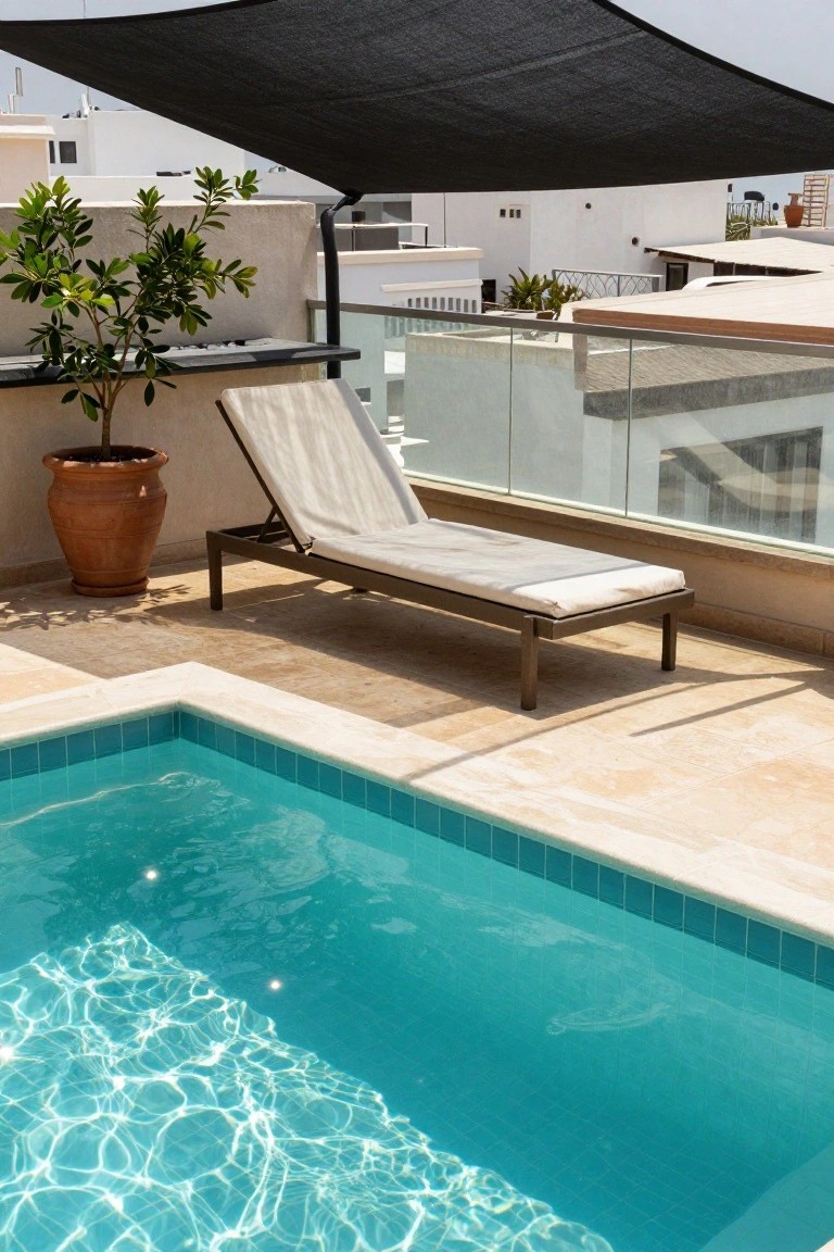 Rooftop terrace with a rectangular turquoise pool edged in beige tile, a beige reclining lounge chair nearby, a terracotta pot holding a small leafy tree, and a black shade sail overhead, overlooking white buildings.