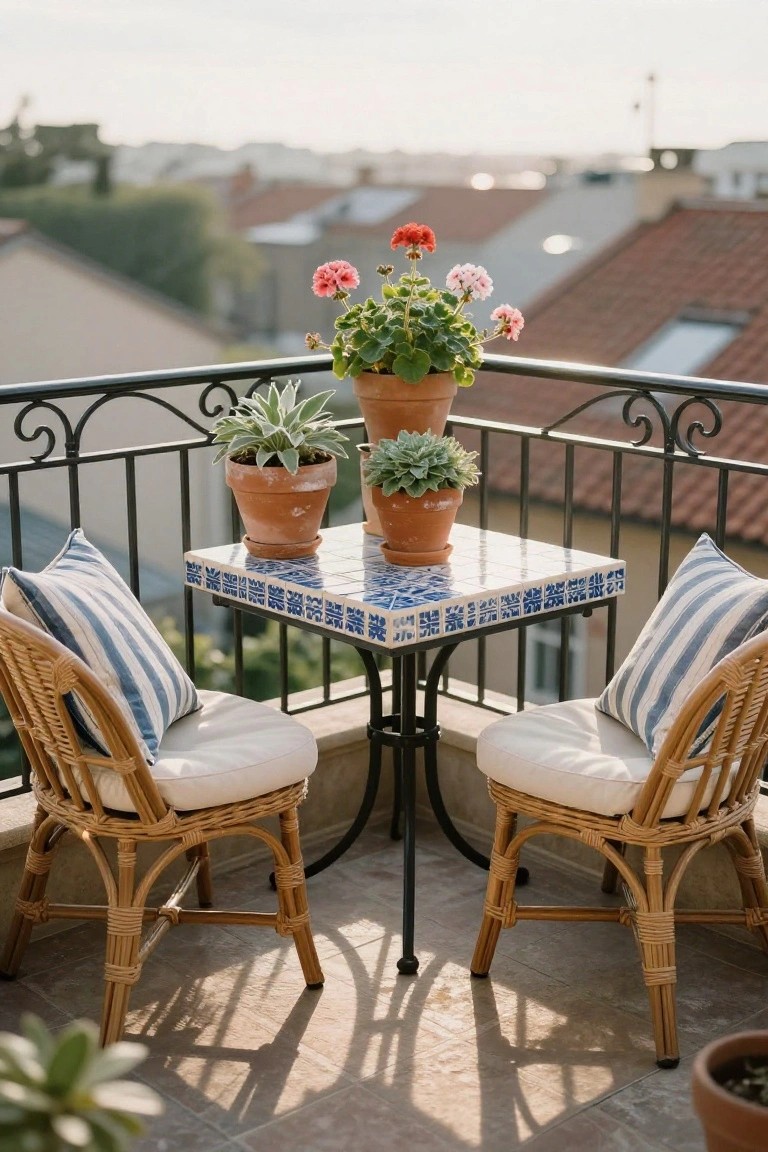 Small balcony featuring two wicker armchairs with blue-striped cushions around a square blue-tiled metal table holding three potted plants, wrought-iron railing, rooftop view in background.