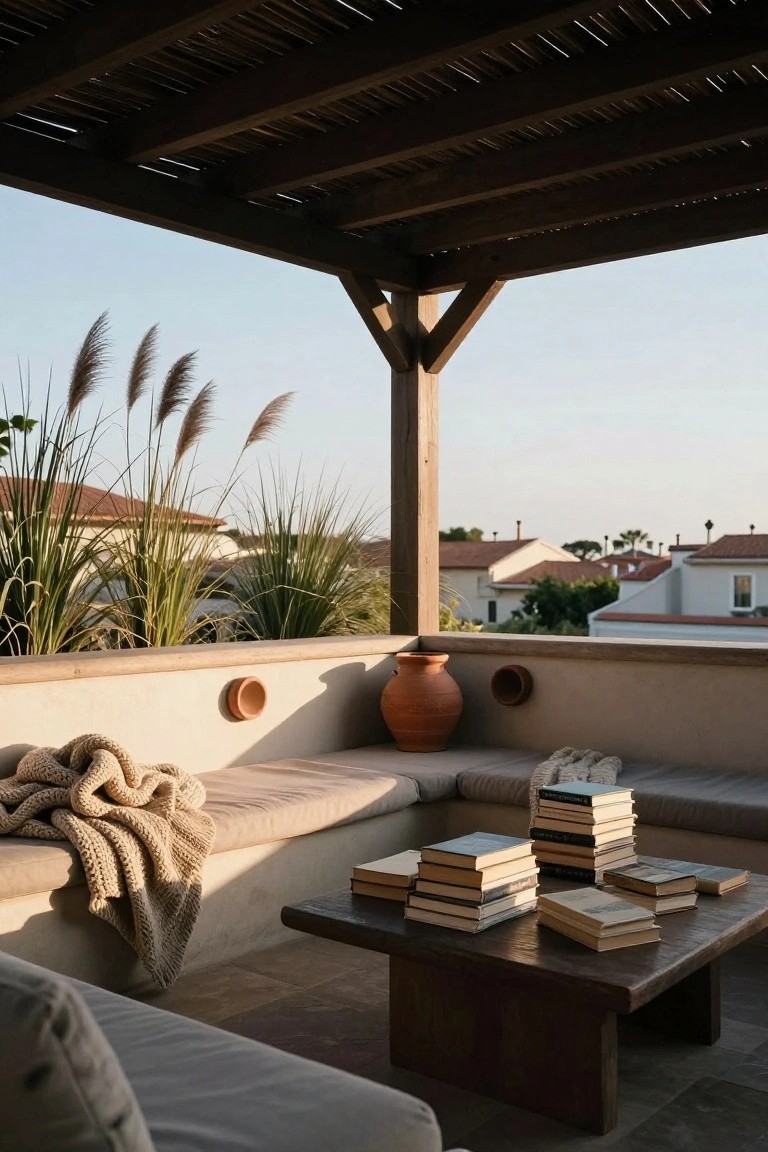 Terrace with beige built-in corner benches, knit throw, low wooden coffee table stacked with books, terracotta pots on stucco walls, pampas grass plants, under wooden pergola with view of white houses and palms.