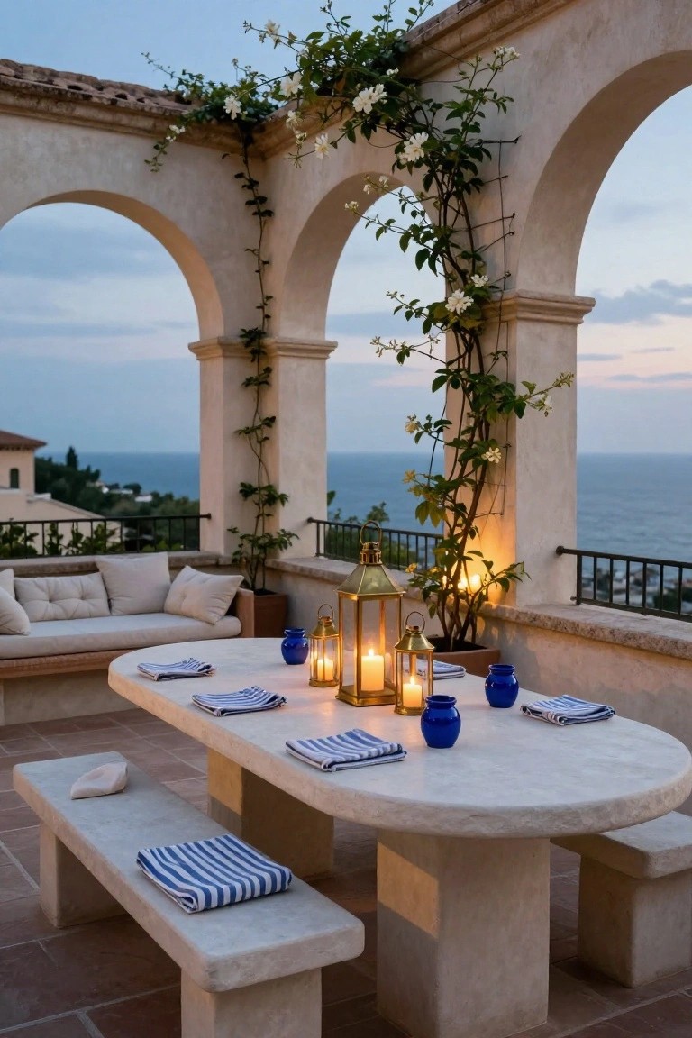 Arched stone terrace overlooking the sea with climbing white flowers, a large oval white stone dining table set with white napkins and blue vases, lit lanterns, beige cushions on a bench, and stone benches.