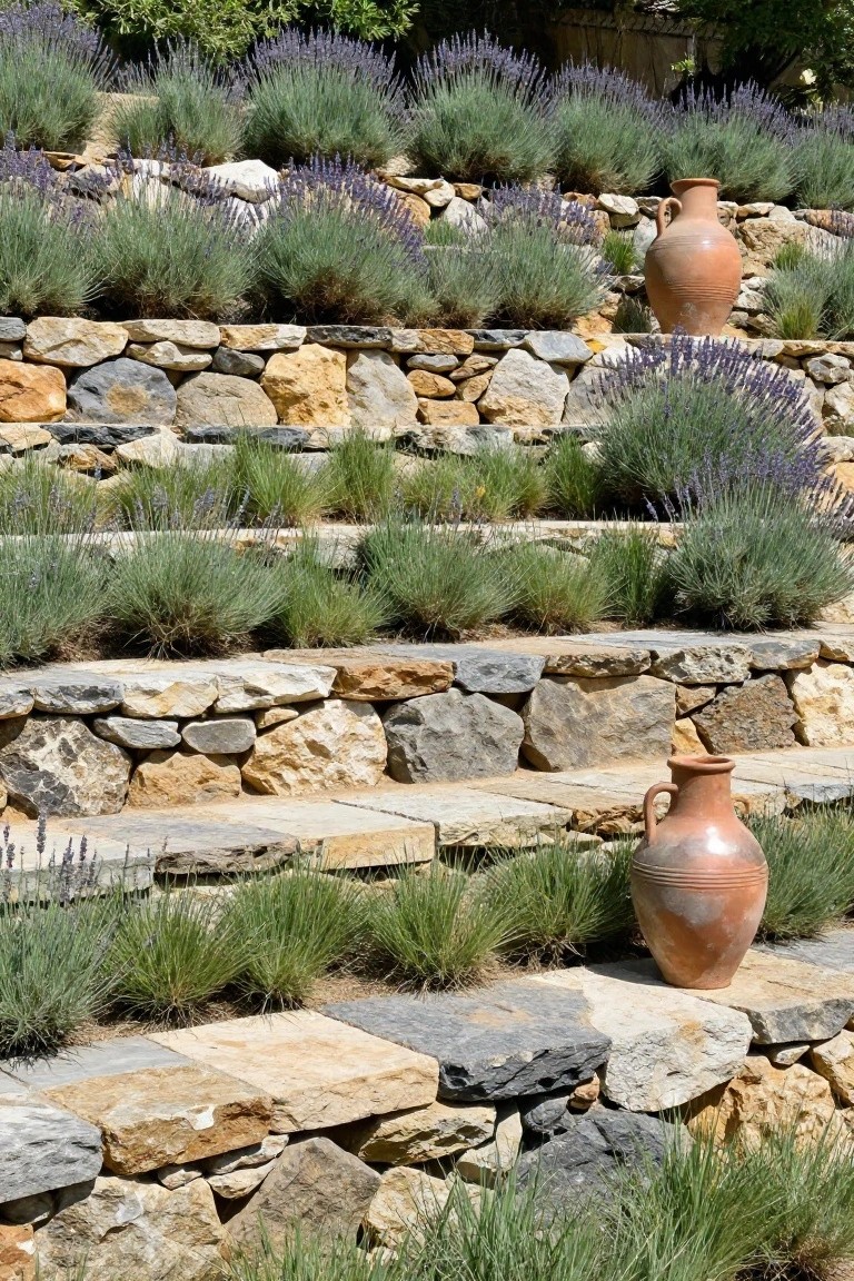 Terraced dry stone walls on a hillside planted with lavender bushes and ornamental grasses, with terracotta pots placed on the stone steps.