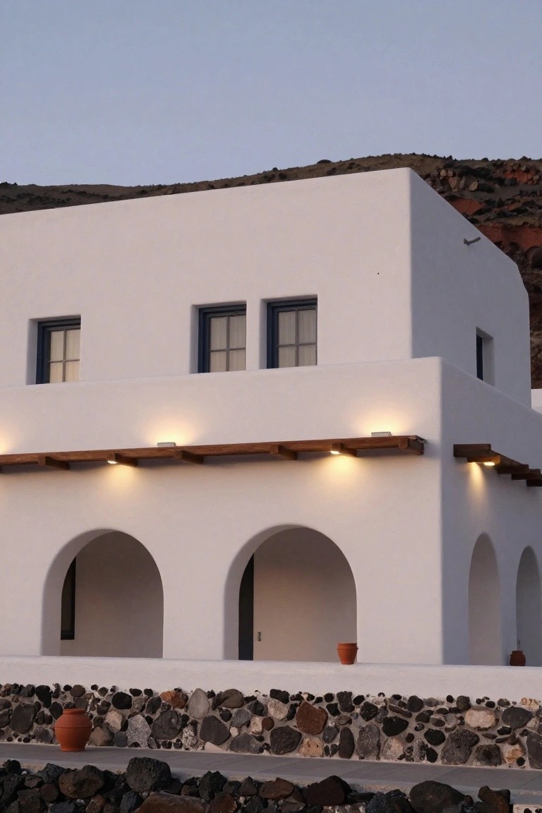 White cubic Santorini house with blue-framed windows, wooden balcony shelf with lights, two ground-level arches, terracotta pots, and a low volcanic stone retaining wall at the base.