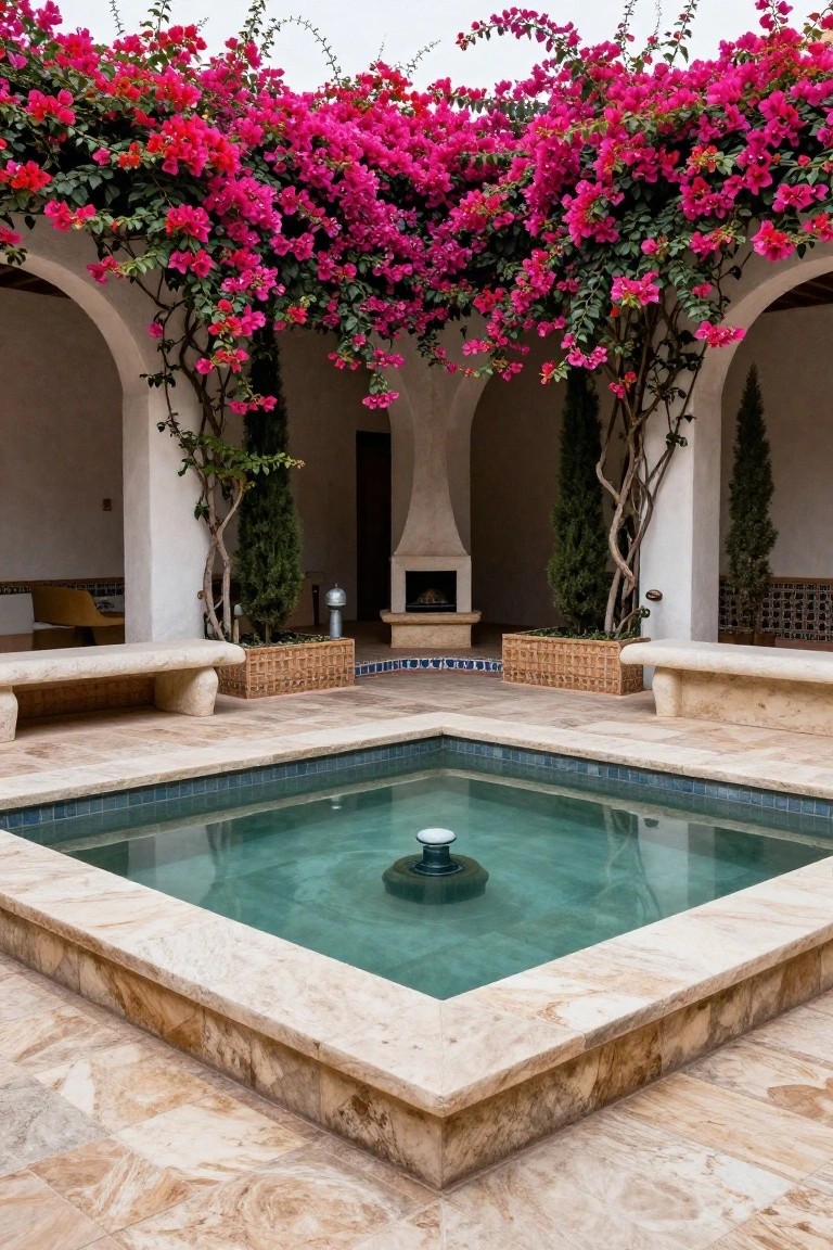 Square courtyard pool with turquoise water and central fountain, surrounded by beige stone benches and paving, bougainvillea vines cascading over white arches, cypress trees, and a fireplace niche.