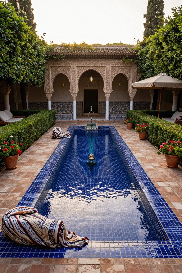Long narrow pool with blue mosaic tiles in a stone courtyard featuring arched walkways, boxwood hedges, lounge chairs, towels, potted red flowers, and hanging lanterns.