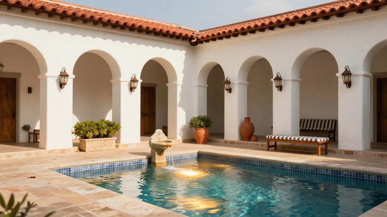 Small rectangular pool with blue mosaic tiles and central spillover fountain in a white stucco courtyard, flanked by large terracotta pots, wooden double doors, and lanterns under terracotta-roofed arches.