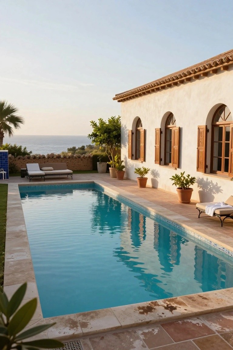 Long rectangular pool beside a white stucco house with arched windows, wooden shutters, lounge chairs, potted plants, and terracotta tiles on the deck overlooking the sea.