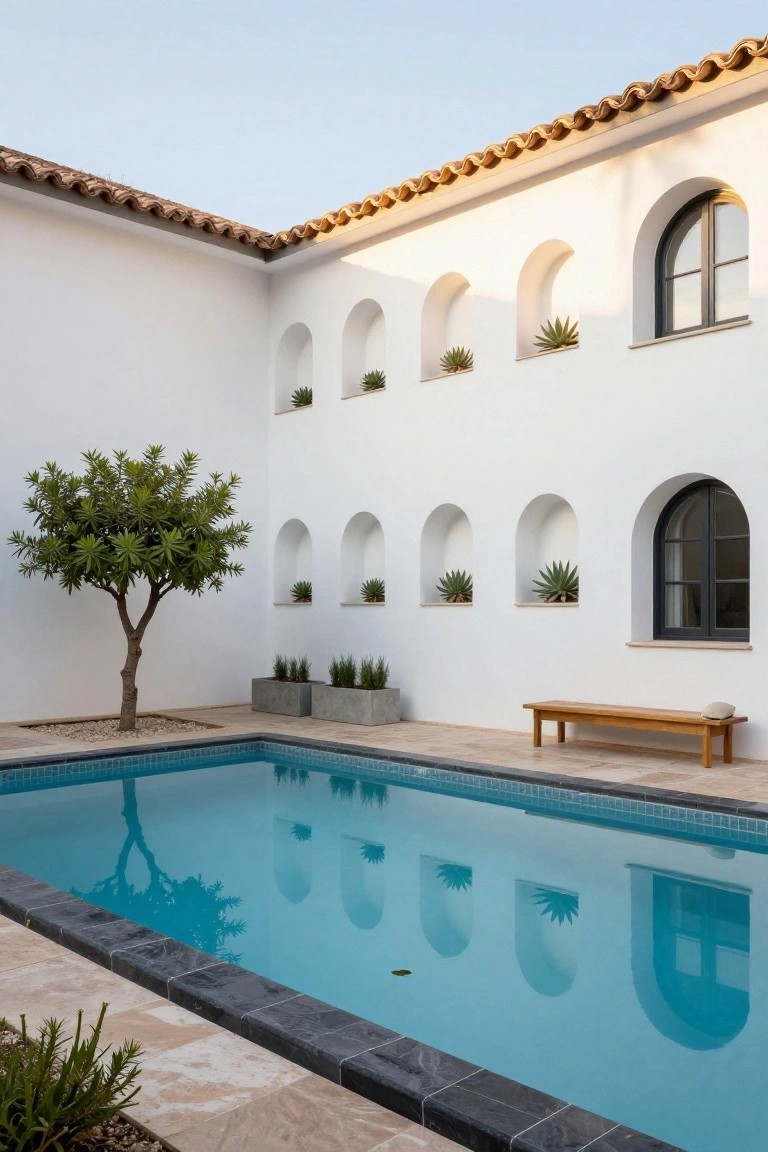 White stucco walls with terracotta roof and arched niches planted with agaves surround a turquoise rectangular pool with black tile edging, wooden bench, small tree, and potted grasses nearby.