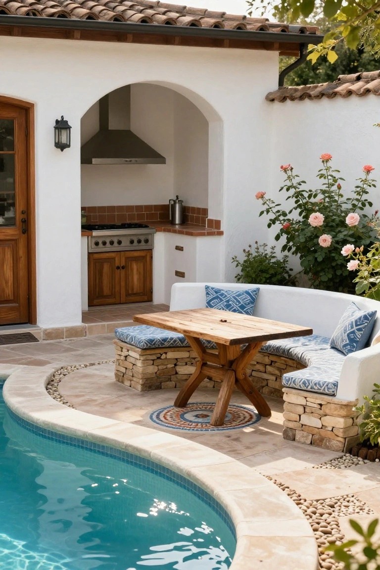 Curved built-in white bench seating with blue cushions and wooden trestle table next to a turquoise pool, beside an outdoor kitchen with terracotta counters and rose bushes against stucco walls.