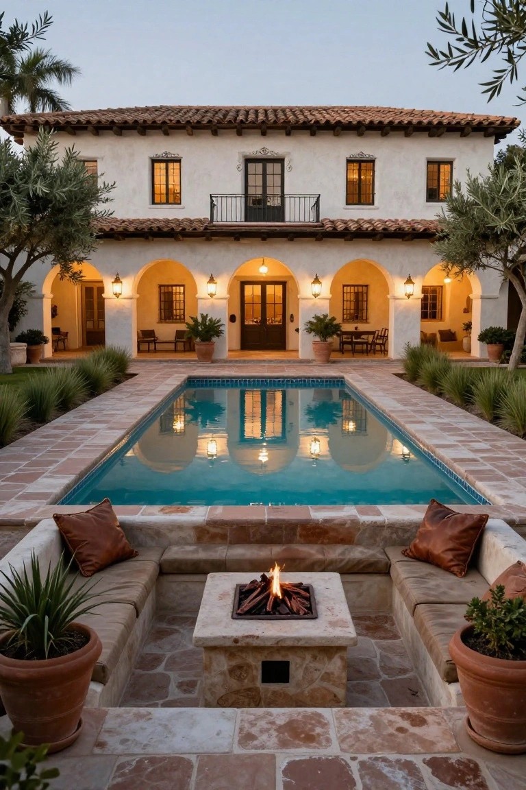 Spanish-style stucco house with arched loggia facing a rectangular turquoise pool, ending at a built-in stone fire pit with L-shaped cushioned benches and potted plants on terracotta pavers.