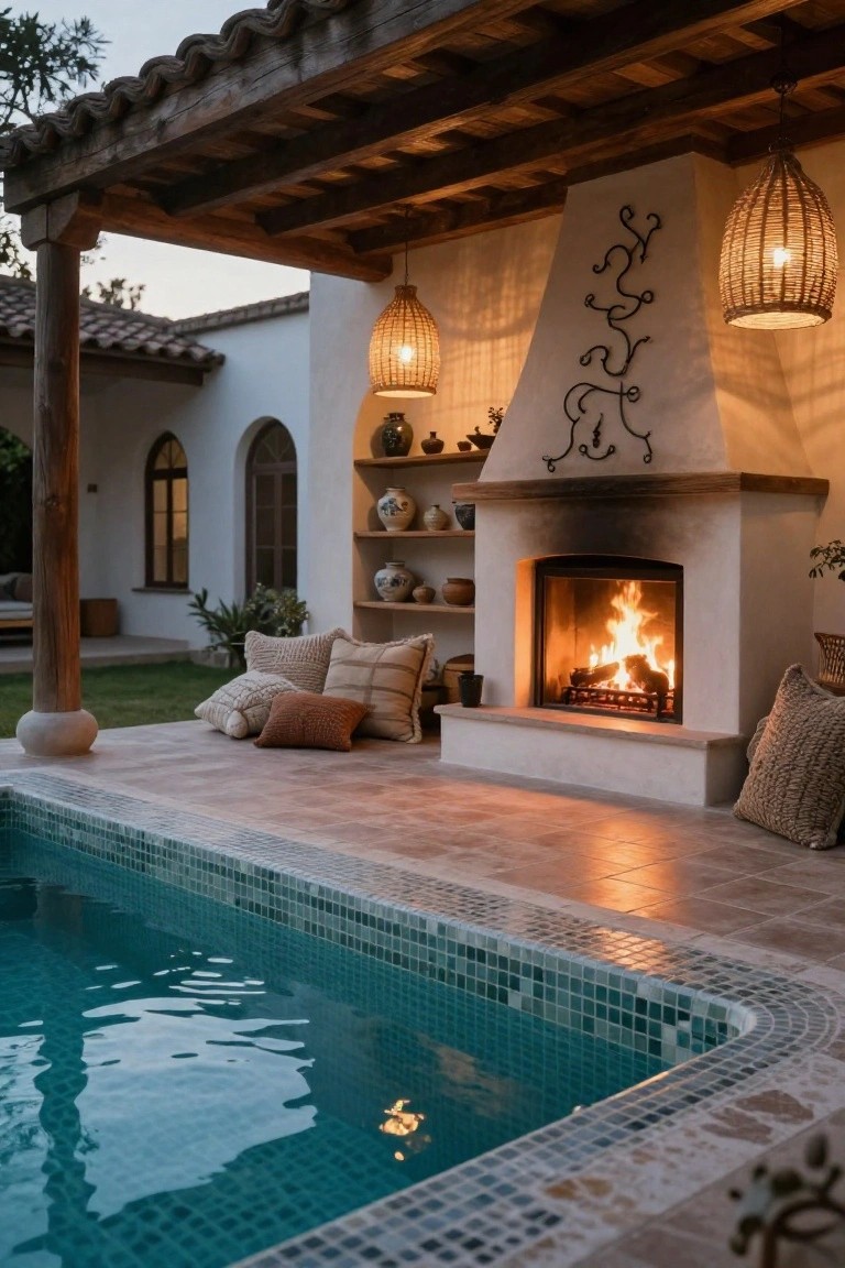 Covered outdoor patio with wooden beam ceiling, lit stucco fireplace on white wall, rattan hanging lanterns, floor cushions, and turquoise mosaic pool edge.