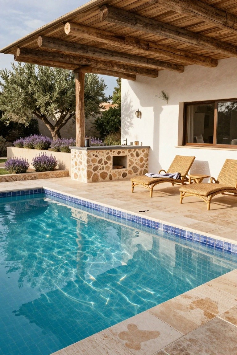 Blue-tiled pool with clear water, adjacent stone bar counter under wooden beam pergola, two rattan loungers with towels, lavender plant beds, and white stucco house wall with window.
