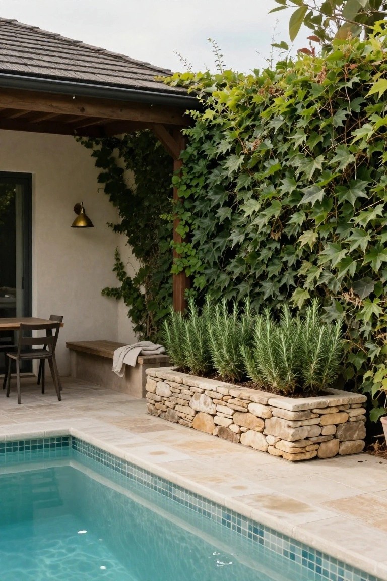 Teal mosaic-tiled pool edged by beige stone pavers, with a large rectangular stone planter box filled with rosemary plants, a wooden pergola covered in ivy on a white stucco wall, a dining table with chairs, and a stone bench nearby.