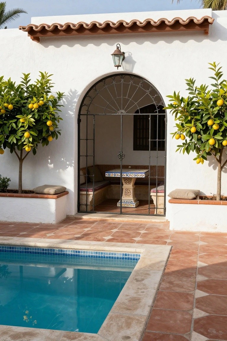 Arched black wrought-iron gate in curved white stucco wall opening to cushioned bench seating with tiled pedestal table, flanked by lemon trees in planters, next to rectangular blue pool on terracotta patio tiles.