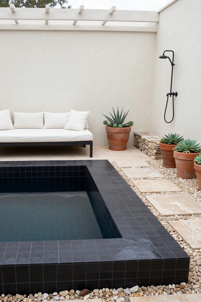 Black-tiled rectangular plunge pool with water, adjacent white lounge sofa on black frame, potted succulents in terracotta pots, black outdoor shower on white wall, stone pavers and pebbles under wooden pergola.