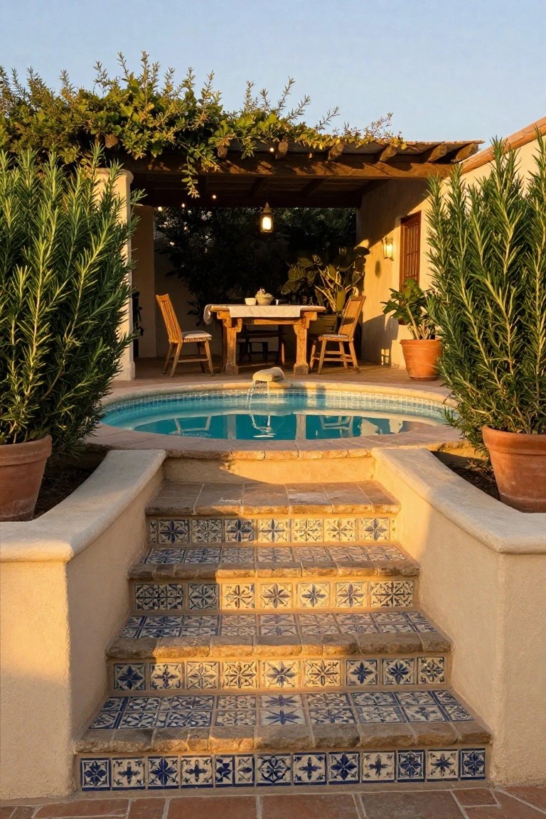 Adobe-style outdoor patio with turquoise pool at the bottom of steps covered in blue and white patterned tiles, flanked by large terracotta pots of rosemary plants, wooden dining table under pergola in background, golden hour lighting.