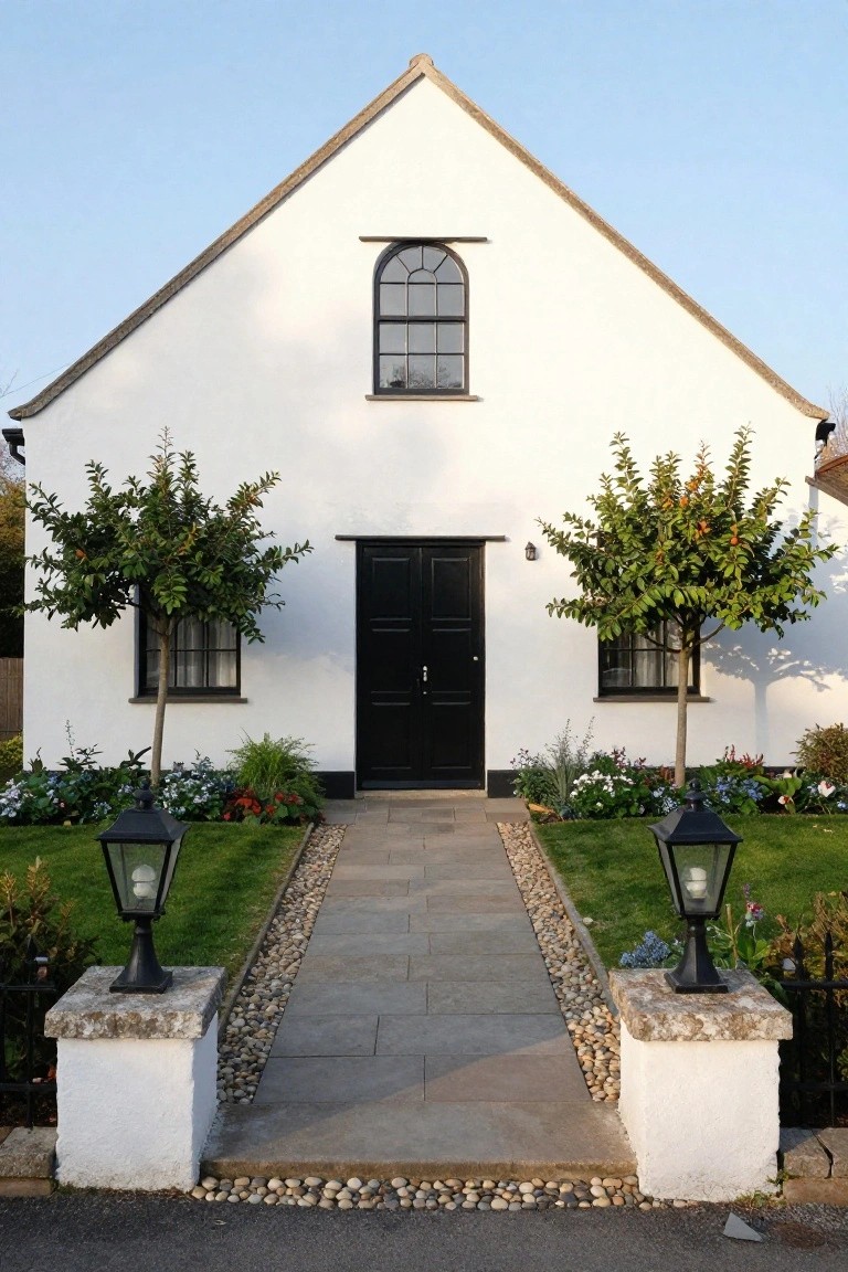 White gabled cottage with black front door, black-framed windows, stone path flanked by lanterns on pedestals, small trees, flower beds, and gravel edging in the front yard.