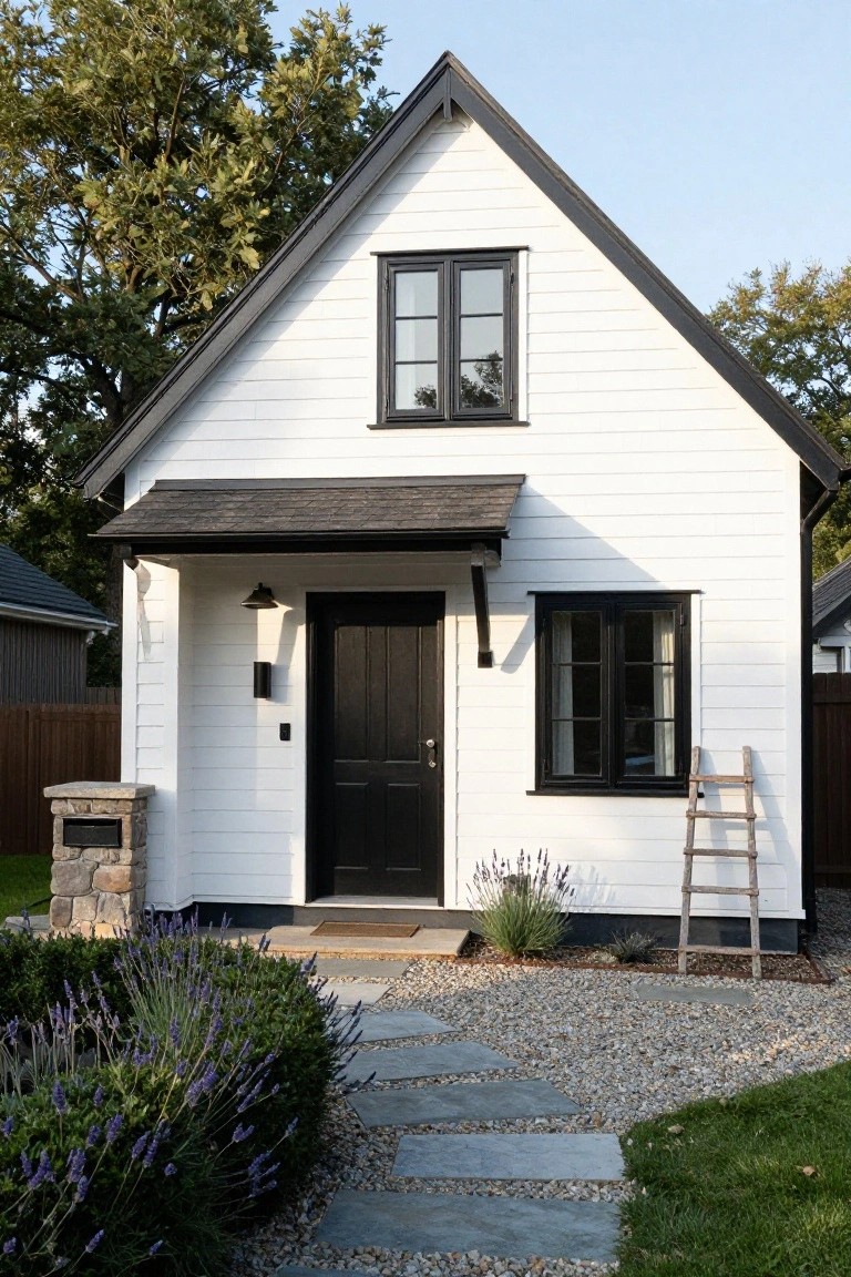 A small white gabled cottage with black-framed windows and front door under a covered porch, flanked by lavender bushes, a stone pillar, gravel path, and ladder leaning on the side.