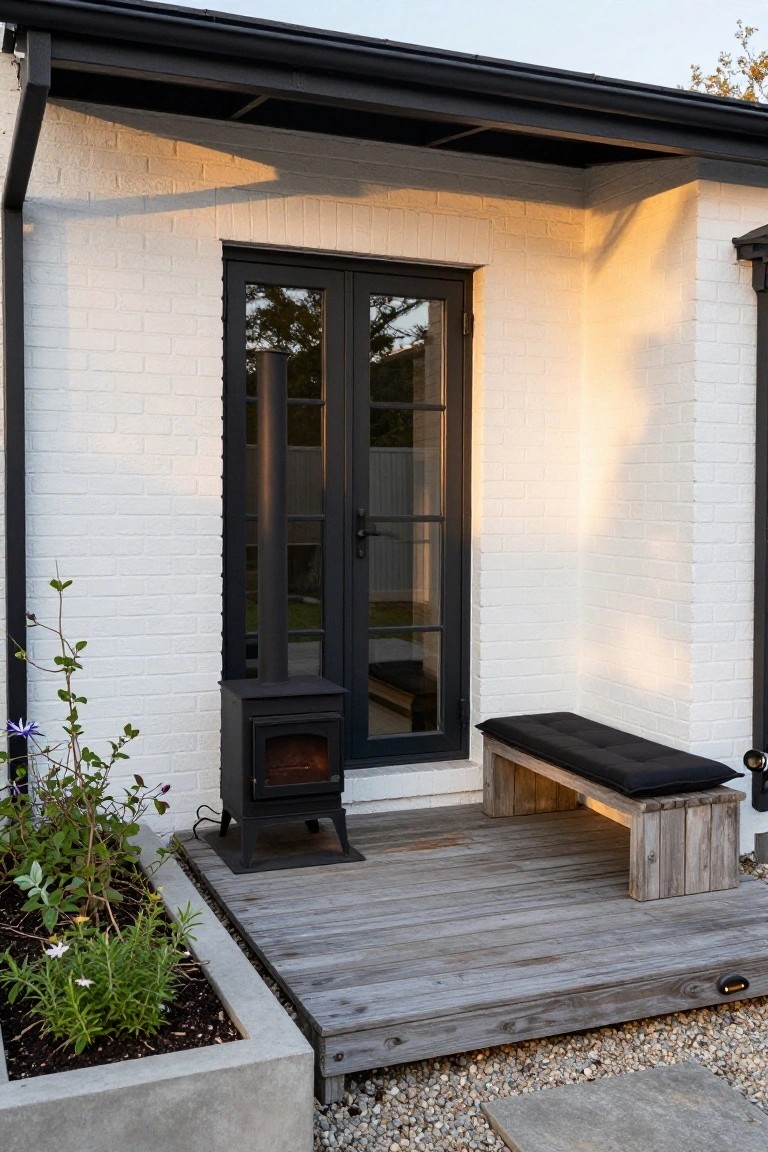 White brick exterior wall with black-framed double doors next to a wooden deck holding a black wood-burning stove, a wooden bench with black cushion, and concrete planters with plants along a gravel and paver ground.