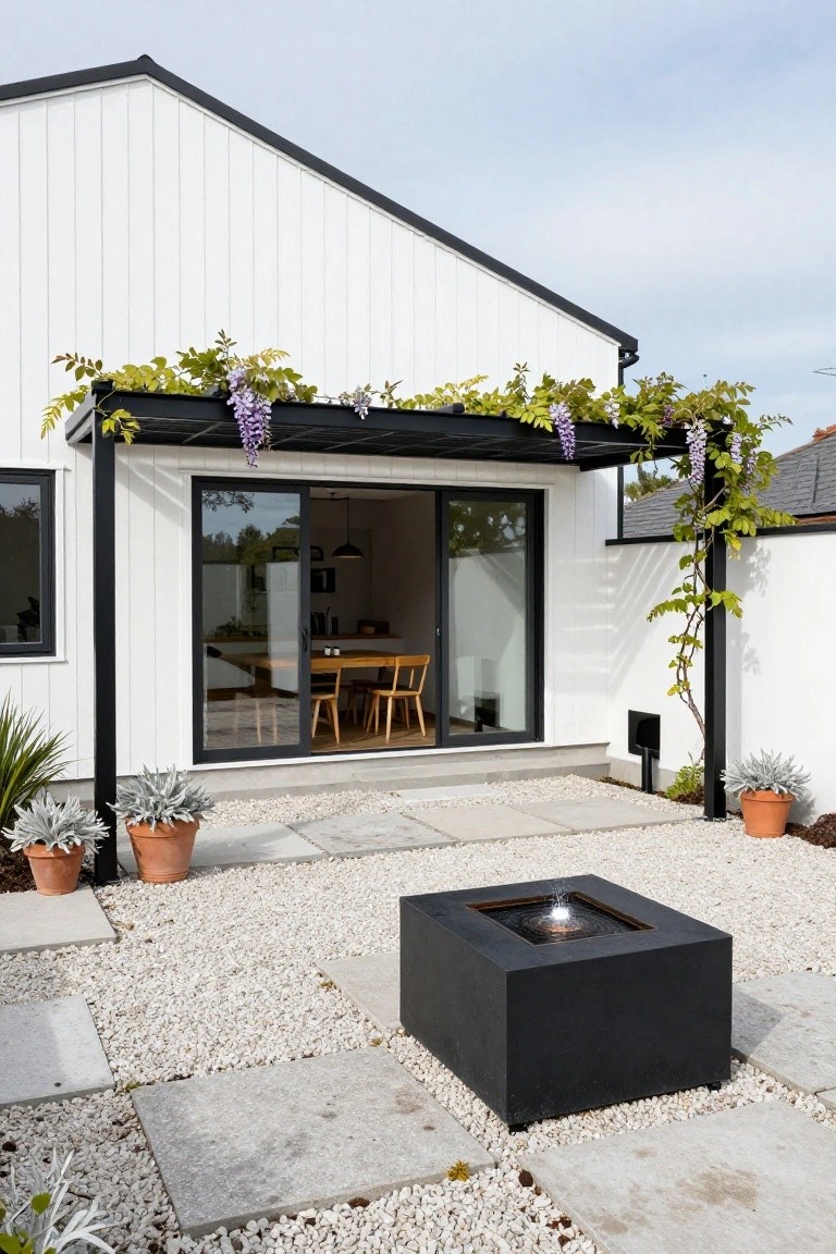 White shiplap house exterior with black-framed sliding glass doors under a black metal pergola covered in purple wisteria vines, gravel patio with square black fire pit and potted plants.