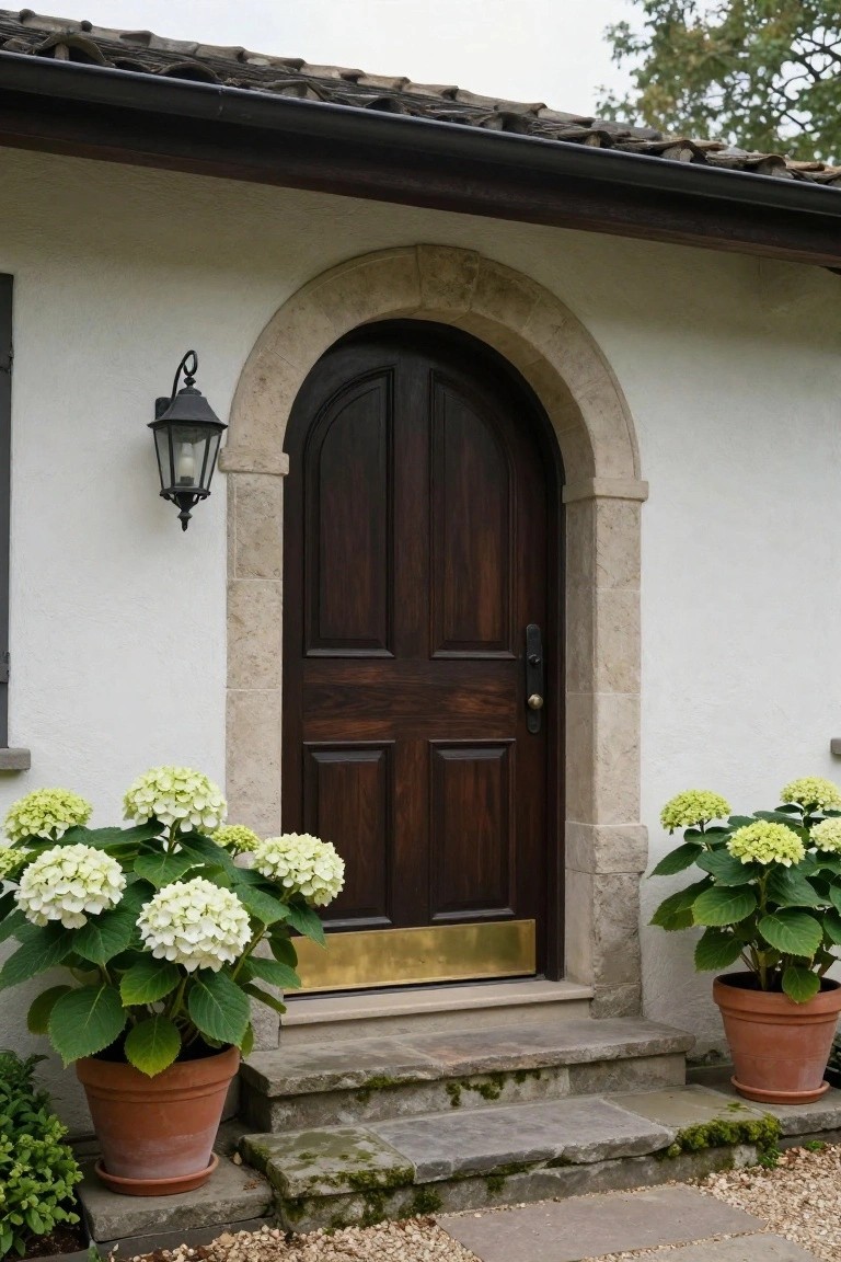 White stucco house exterior with dark wooden arched front door under stone archway, black lantern light, gold door kickplate, flanked by terracotta pots of white hydrangeas, and mossy stone steps.