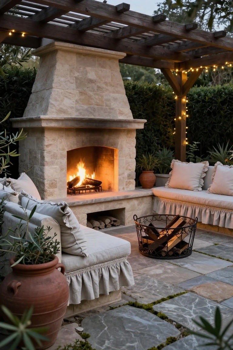 Outdoor stone fireplace under a wooden pergola with adjacent skirted linen benches, firewood basket, potted plants, and string lights on a stone tile patio.