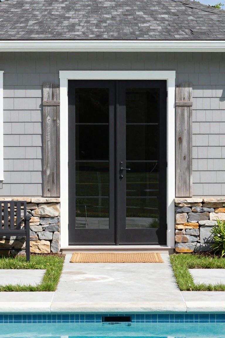 Gray shingle pool house exterior with black metal-framed double doors, flanked by weathered wood shutters, stone foundation, black metal bench, seagrass mat, and blue pool in foreground.