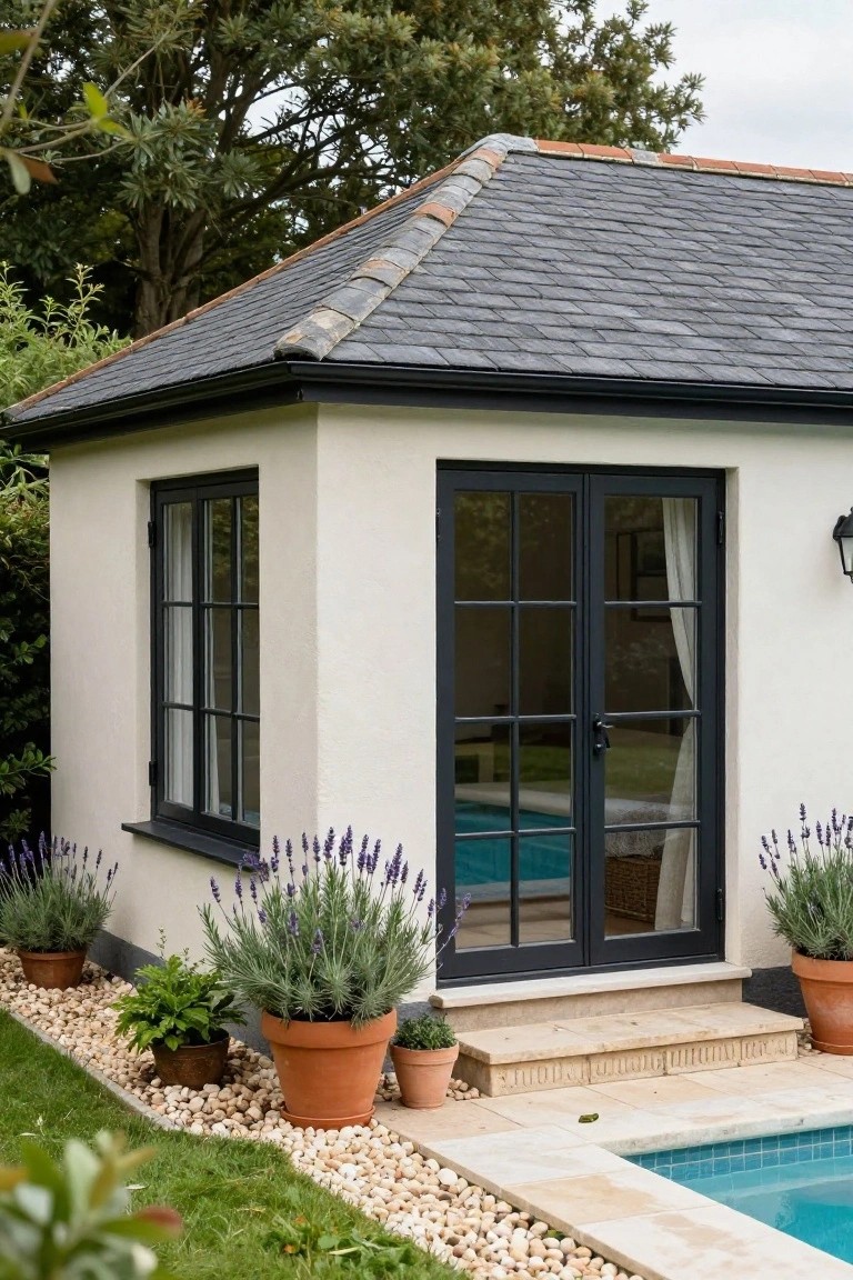 Cream stucco pool house with black metal-framed double doors and windows, lavender plants in terracotta pots along the base, pebble mulch, stone steps, and adjacent blue-tiled swimming pool.