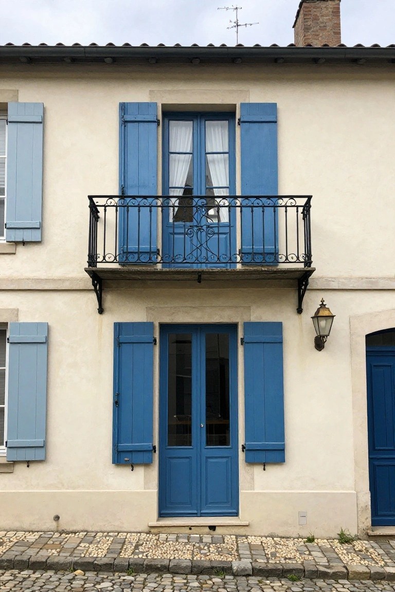 Beige stucco house exterior with blue wooden shutters on windows and doors, a wrought-iron balcony above the upper window, blue double front doors, a wall lantern, and cobblestone pavement in front.