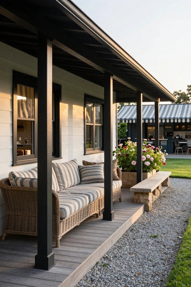 White shiplap house exterior with black window frames and porch posts, wicker sofa with beige and white striped cushions, large terracotta pot of pink and red flowers, stone bench, wooden deck, gravel path, and green lawn.