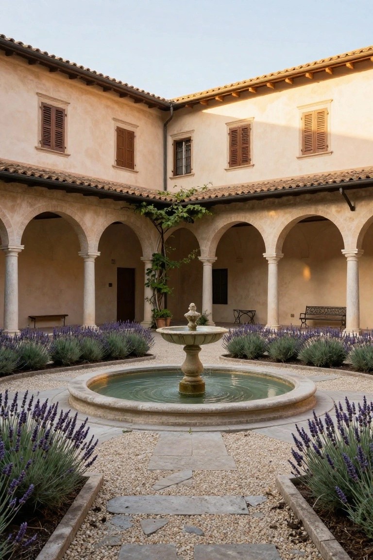 Courtyard with stone fountain, lavender, arches, and tiled roof.