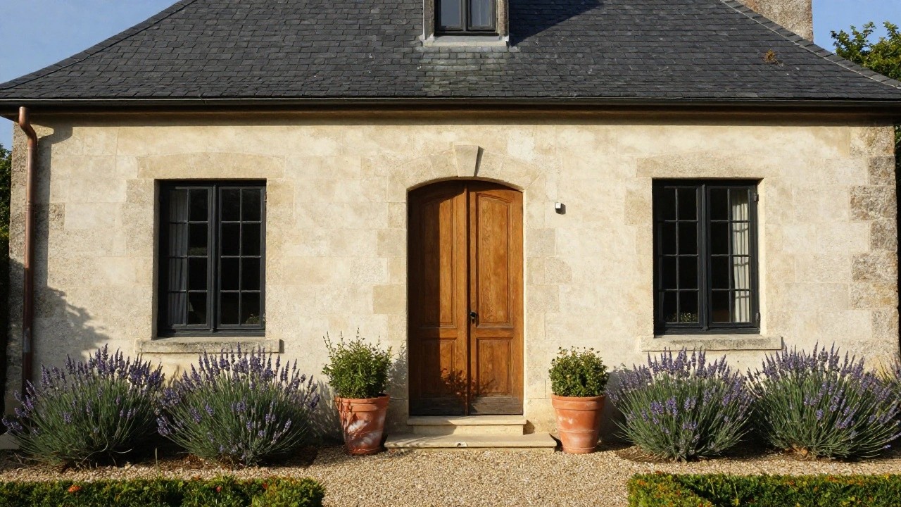 Front view of a two-story beige limestone house with slate roof, black-framed windows and shutters, arched wooden double doors, potted agave plants, lavender bushes, boxwood hedges, and a central gravel path.