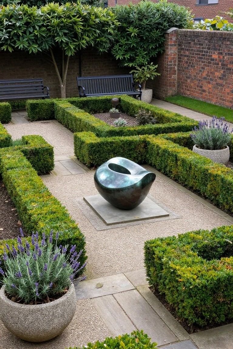 A courtyard garden featuring symmetrical boxwood hedges in a parterre layout, gravel paths, lavender plants in pots, wooden benches, and a large greenish bronze sculpture on a pedestal, enclosed by brick walls and taller shrubs.