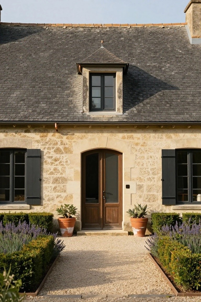 Front view of a two-story beige limestone house with slate roof, black-framed windows and shutters, arched wooden double doors, potted agave plants, lavender bushes, boxwood hedges, and a central gravel path.