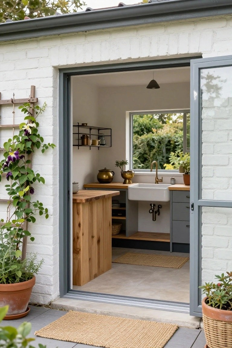 Open gray door of small white brick outbuilding revealing interior kitchen with wooden bar counter, white sink, brass faucet, and metal shelves, potted plants and trellis on patio outside.