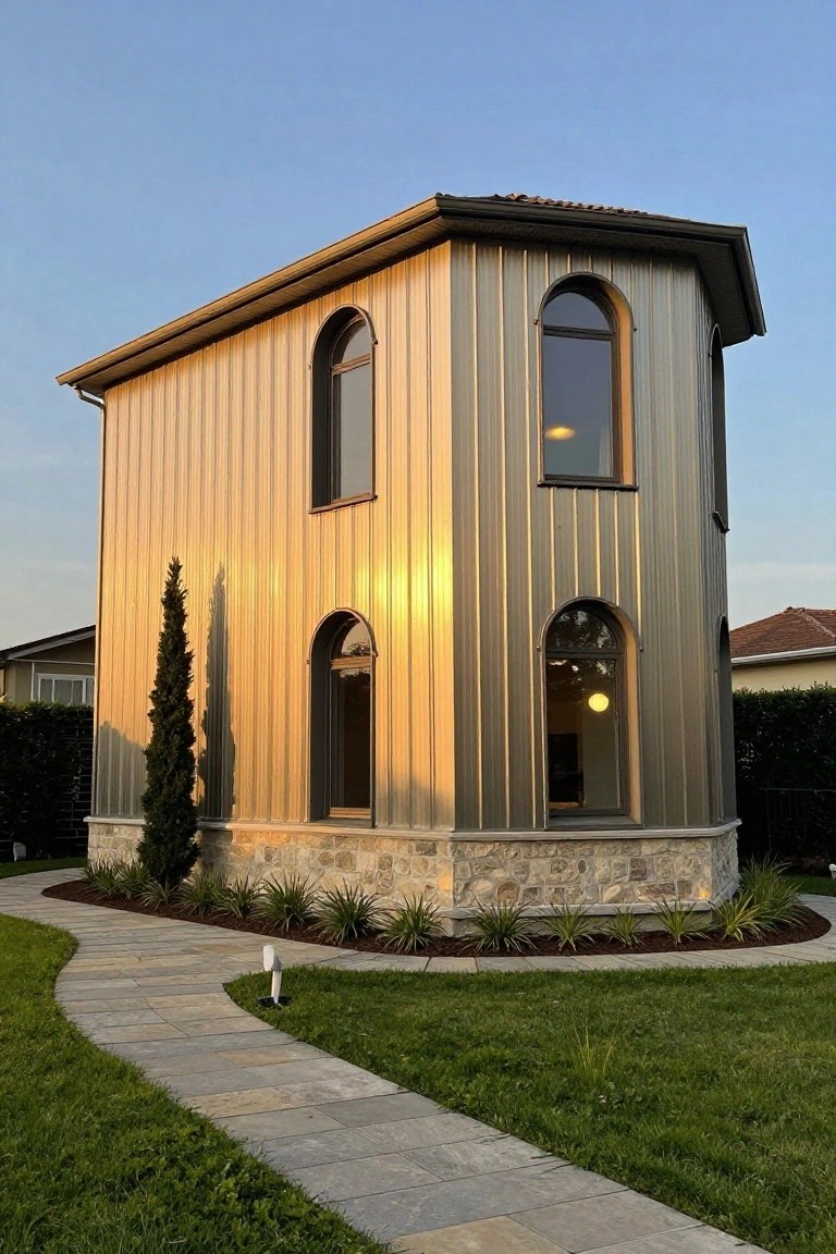 Small square pavilion with gold-toned corrugated metal siding, arched windows, stone base, curved stone pathway, low plants, Italian cypress tree, grass lawn, and neighboring houses in the background at dusk.
