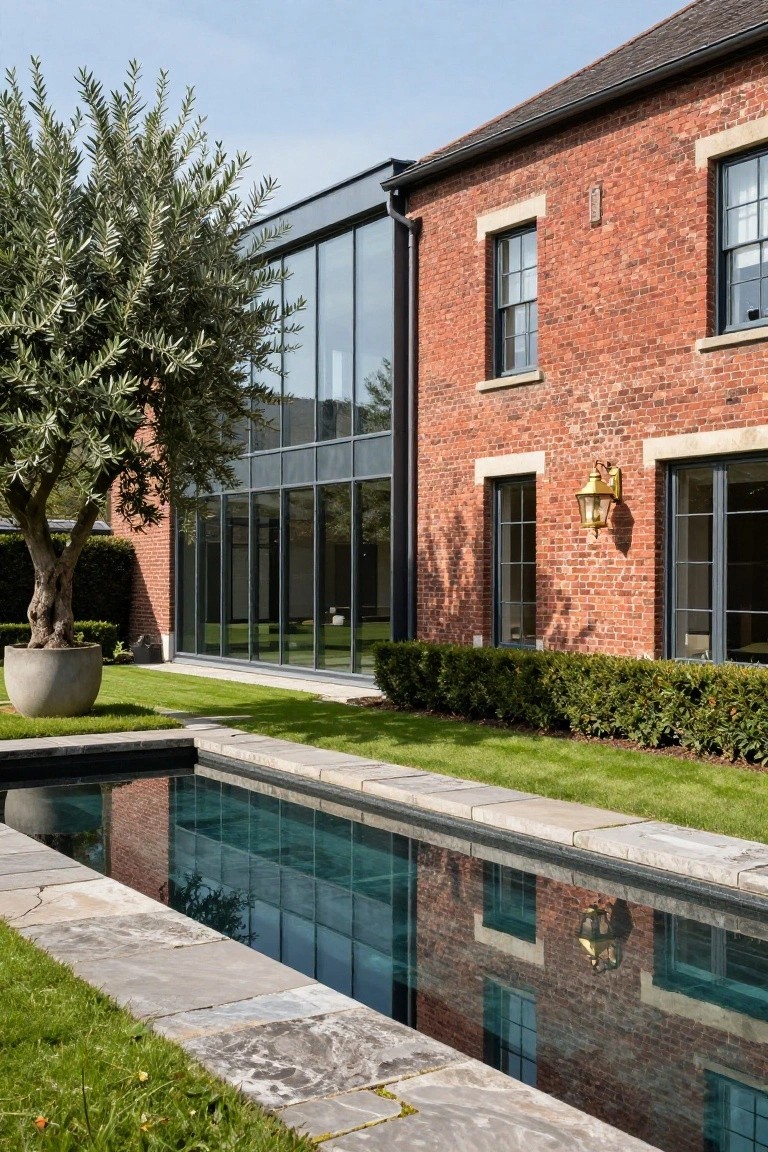 Exterior of a red brick barn-style house with a large vertical glass wall extension, narrow reflecting pool edged in stone, potted olive tree, boxwood hedges, and lawn.