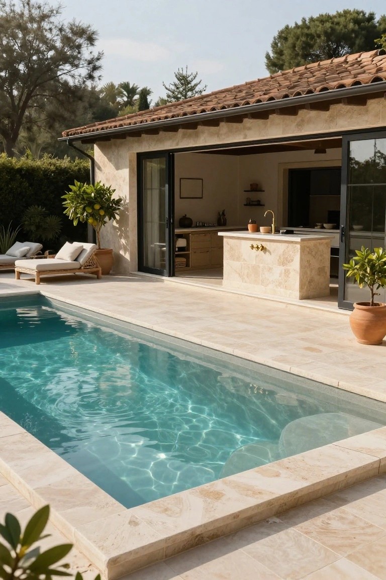 Beige stone house with terracotta roof and open black glass doors to kitchen area, stone outdoor counter with gold faucet, narrow rectangular turquoise pool, two cushioned loungers, potted plants on light travertine terrace.
