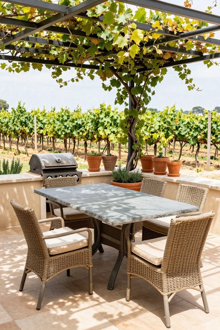Outdoor terrace with rectangular stone-top dining table and four wicker chairs under a metal pergola draped in green grapevines, barbecue grill on stone wall, potted plants, and rows of vineyards in background.