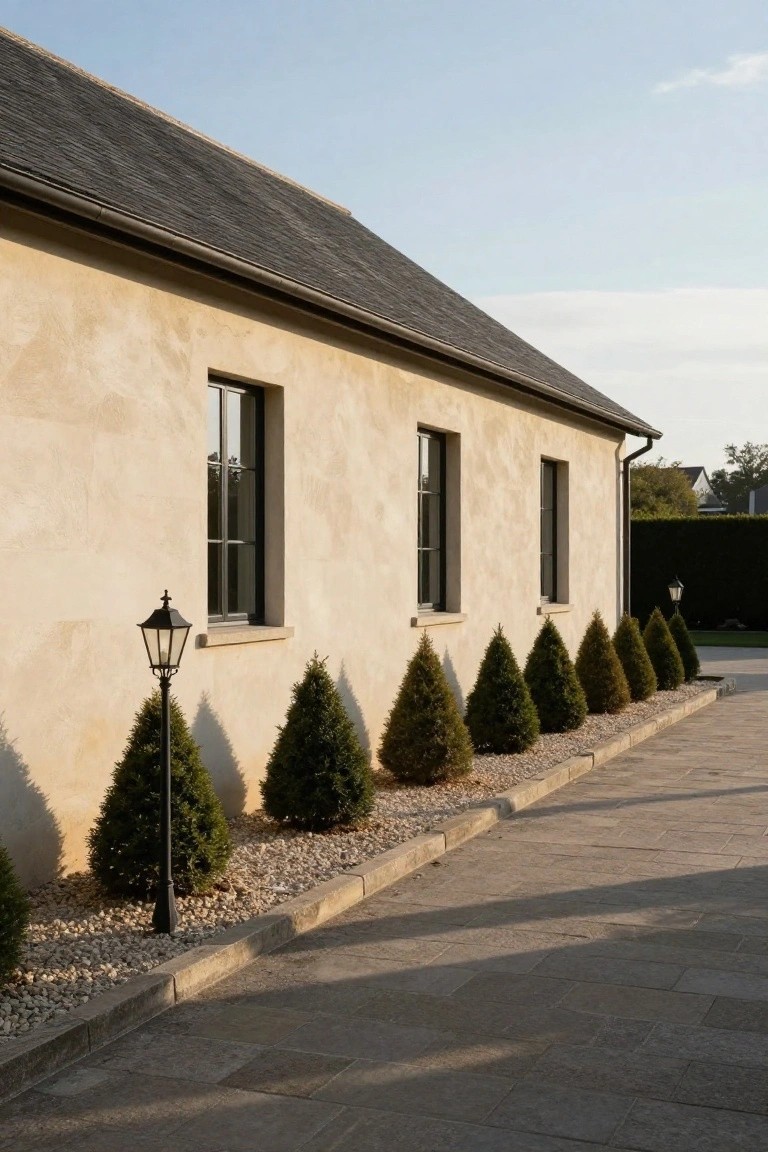 Beige stucco side wall of a house with three slim black-framed windows under a dark slate roof, edged by conical evergreens in a gravel bed next to a stone paver path and two lanterns.