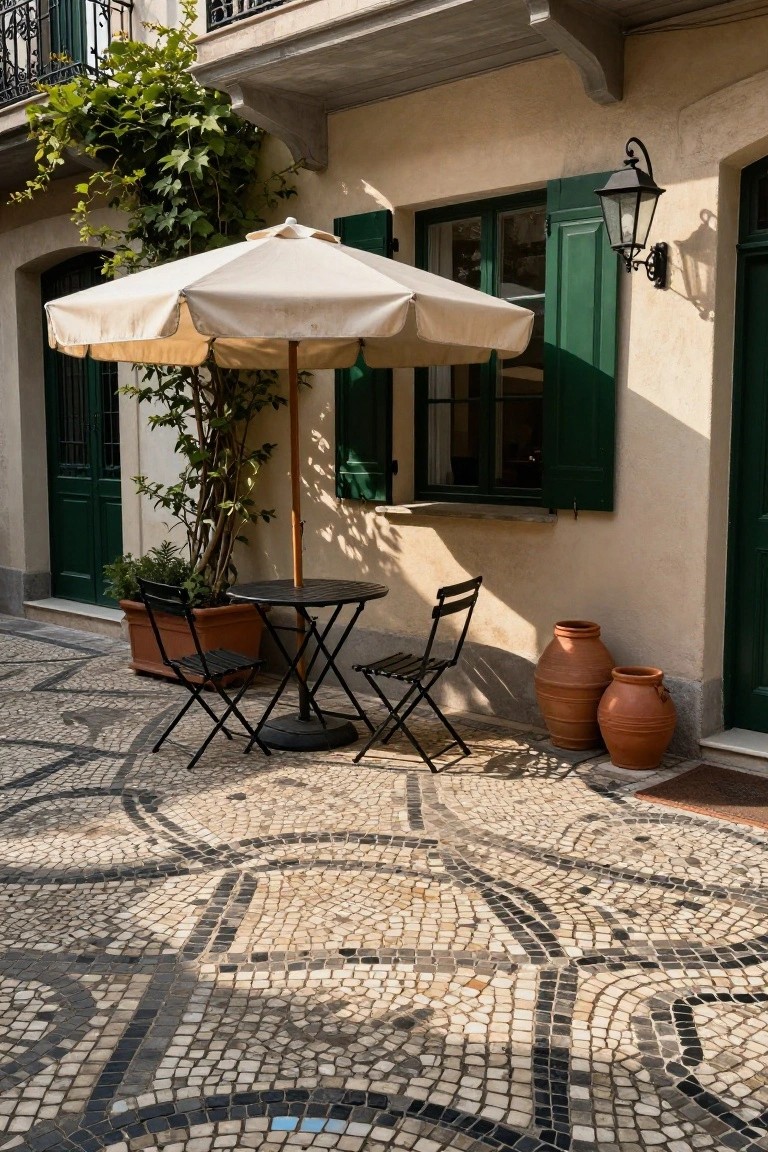 Small black metal bistro table and two folding chairs under a beige umbrella on a mosaic-tiled patio beside a beige stucco wall with green shutters, doors, potted plants, and terracotta jars.