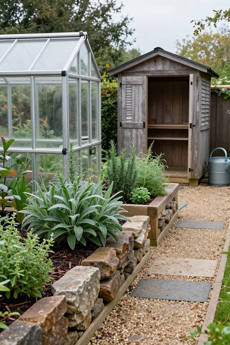 A garden scene with a wooden shed door open, a glass greenhouse nearby, raised wooden planters with herbs and silver-leaf plants edged by stacked stone walls, and a gravel path with stone stepping stones.